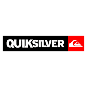 Logo da marca Quiksilver, conhecida por sua linha de roupas e acessórios para surfistas, destacando um design moderno e o famoso símbolo de onda em vermelho e branco.