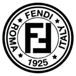 Logotipo da marca Fendi, fundado em Roma em 1925, com destaque para as letras "F" estilizadas em preto e elementos gráficos em torno do nome e ano de fundação.