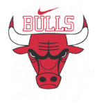 Logotipo do Chicago Bulls, apresentando a cabeça de um touro vermelho com chifres brancos, em destaque sobre um fundo que contém as palavras "Chicago Bulls" em diferentes estilos tipográficos.