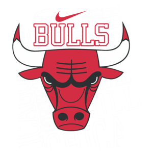 Logotipo do Chicago Bulls, apresentando a cabeça de um touro vermelho com chifres brancos, em destaque sobre um fundo que contém as palavras "Chicago Bulls" em diferentes estilos tipográficos.