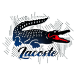 Logotipo da Lacoste apresentando um jacaré estilizado, com corpo azul escuro, manchas brancas e detalhes vermelhos na boca, representando a marca icônica de moda e estilo de vida.