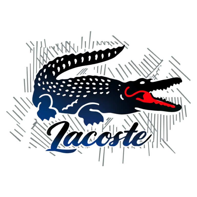 Logotipo da Lacoste apresentando um jacaré estilizado, com corpo azul escuro, manchas brancas e detalhes vermelhos na boca, representando a marca icônica de moda e estilo de vida.