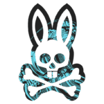 Ilustração de um coelho estilizado com um crânio e ossos cruzados, apresentando um design moderno em azul e preto, ideal para artesanato, moda ou decoração com um toque alternativo.