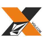 Logotipo da Volcom com um design moderno, apresentando um "X" em laranja e preto, e um elemento gráfico em forma de diamante em branco. Ideal para representar a marca de roupas e acessórios voltados para esportes radicais.