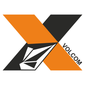 Logotipo da Volcom com um design moderno, apresentando um "X" em laranja e preto, e um elemento gráfico em forma de diamante em branco. Ideal para representar a marca de roupas e acessórios voltados para esportes radicais.