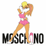 Personagem animado, coelha vestindo biquíni rosa com estampa da marca Moschino, posando de forma confiante com uma mão na cintura e expressão ousada, com o logotipo da Moschino em destaque ao fundo.