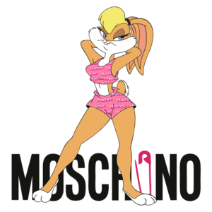 Personagem animado, coelha vestindo biquíni rosa com estampa da marca Moschino, posando de forma confiante com uma mão na cintura e expressão ousada, com o logotipo da Moschino em destaque ao fundo.