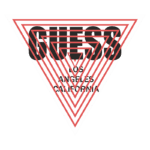 Logotipo da marca Guess, com design triangular e padrões de linhas vermelhas, destacando "LOS ANGELES CALIFORNIA". Ideal para representar moda e estilo californiano.