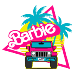 Logo da Barbie com um jipe rosa em destaque, cercado por palmeiras e elementos gráficos coloridos, evocando um estilo vibrante e divertido.