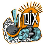 Ilustração de um skate estilizado com a marca "QIX", destacando rodas azuis e detalhes gráficos vibrantes, cercado por nuvens brancas e elementos dinâmicos em um fundo verde. Ideal para temas sobre skate e cultura urbana.