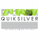 Logotipo da marca Quiksilver, com elementos botânicos em verde, representando a conexão com a natureza e os esportes ao ar livre, como surf e montanhismo.
