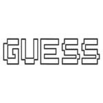 Logo da marca Guess com letras estilizadas em preto sobre fundo transparente, representando moda e estilo contemporâneo.