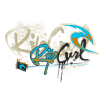 Logotipo da marca Rip Curl com elementos gráficos e cores vibrantes, incluindo azul, laranja e detalhes em preto, representando a cultura de esportes aquáticos e surf.
