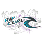 Design gráfico da marca Rip Curl, destacando o logotipo em azul e preto com elementos estilizados, representando a cultura de esportes aquáticos e skate. Ideal para produtos de moda e acessórios voltados para o surf.