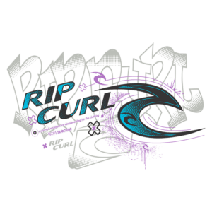Design gráfico da marca Rip Curl, destacando o logotipo em azul e preto com elementos estilizados, representando a cultura de esportes aquáticos e skate. Ideal para produtos de moda e acessórios voltados para o surf.