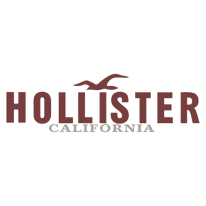 Logotipo da marca Hollister, apresentando a palavra "HOLLISTER" em letras grandes e vermelhas, com a palavra "CALIFORNIA" em letras menores e brancas, acompanhado de um ícone de um pássaro em voo.