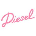 Logotipo estilizado da marca Diesel em cor rosa, representando moda e inovação.