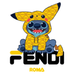 Ilustração de um personagem fofo vestido com um moletom amarelo com estampa Fendi, combinando elementos do Pikachu e Stitch. A imagem exibe um fundo colorido e destaca o logotipo "FENDI ROMA" em letras grandes, tornando-a ideal para fãs de moda e cultura pop.