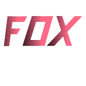 Logo da marca Fox com o texto em destaque "FOX" em letras grandes e estilizadas, combinando cores rosa e preto, acompanhado de um contorno de uma raposa em fundo branco. Ideal para representar produtos esportivos e de moda.