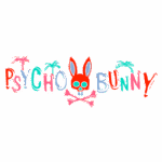 Logotipo estilizado da marca Psycho Bunny, apresentando um coelho vermelho com uma caveira azul, cruzado por ossos, cercado por palmeiras coloridas.