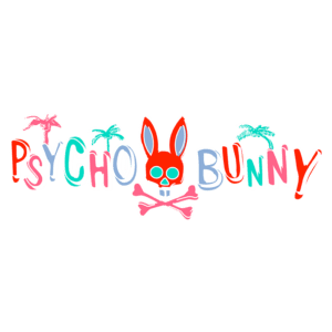 Logotipo estilizado da marca Psycho Bunny, apresentando um coelho vermelho com uma caveira azul, cruzado por ossos, cercado por palmeiras coloridas.