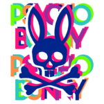Imagem do logotipo da marca Psycho Bunny, apresentando um coelho em estilo de esqueleto com traços circulares. O fundo é composto por letras vibrantes em diversas cores, repetindo o nome da marca.