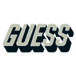 Logotipo da marca Guess em estilo moderno com várias camadas de cores, destacando a palavra "GUESS" em letras grandes e impactantes.