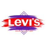 Logotipo da marca Levi's com design colorido, destacando o nome "Levi's" em letras brancas, envolto por pinceladas em vermelho e roxo, e a inscrição "Born Since 1873" em destaque.