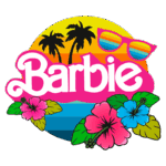 Logo colorido da Barbie com palmeiras, óculos de sol estilizados e flores tropicais, simbolizando um tema de verão e diversão.