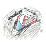 Logotipo da Quiksilver em um design estilizado, com elementos gráficos dinâmicos em cores vermelha, azul e cinza, simbolizando cultura de surf e lifestyle.