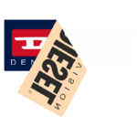 Logotipo da marca Diesel e sua variação visual destacando a palavra "Diesel" em um estilo moderno, representando a identidade visual e a proposta de moda da empresa.