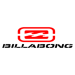 Logotipo da marca Billabong, com o nome em letras grandes e pretas, acompanhado por um ícone vermelho com ondas estilizadas, representando surf e estilo de vida praiano.