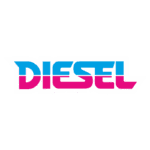 Logotipo da marca Diesel com as palavras "ONLY THE WAVES" em um design vibrante, destacando tons de azul e rosa.