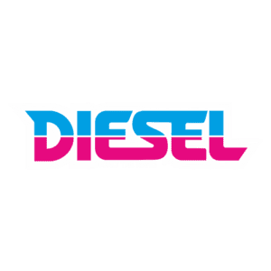 Logotipo da marca Diesel com as palavras "ONLY THE WAVES" em um design vibrante, destacando tons de azul e rosa.