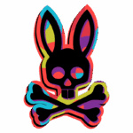 Imagem de um coelho estilizado com cara de caveira, envolto em ossos cruzados, apresentando um design colorido e vibrante. Ideal para temas de arte urbana e cultura alternativa.