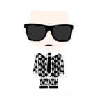 Ilustração do estilista Karl Lagerfeld, com cabelo branco, óculos escuros e traje preto e branco. Logotipo "Karl Lagerfeld Paris" abaixo da imagem.