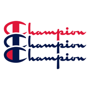 Logotipo da marca Champion em cores vermelha, azul e branca, destacando a palavra "Champion" em diferentes estilos de fonte.