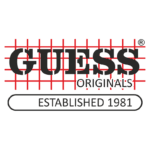 Logotipo da marca Guess Originals, destacando o nome "GUESS" em letras grandes e a frase "ESTABLISHED 1981" na parte inferior, com uma grade vermelha ao fundo.