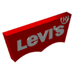 Logo da marca Levi's em fundo vermelho, destacando seu nome em letras prateadas e o símbolo de marca registrada, representando a identidade icônica da famosa fabricante de jeans.