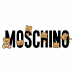 Logo da Moschino com ursos fofos em destaque. Os ursos estão dispostos artisticamente ao redor da palavra "Moschino", criando uma estética divertida e lúdica.
