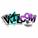 Logo colorido da Volcom, uma marca de skate conhecida, destacando as letras "VOLCOM" com elementos gráficos dinâmicos e um design moderno.