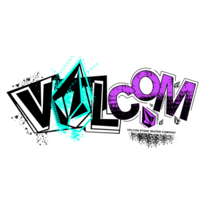 Logo colorido da Volcom, uma marca de skate conhecida, destacando as letras "VOLCOM" com elementos gráficos dinâmicos e um design moderno.