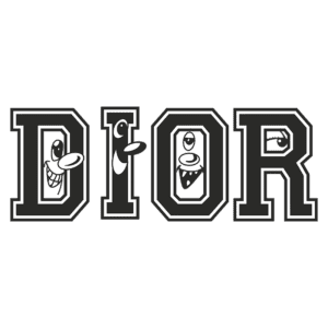 Logotipo estilizado da marca Dior com letras em destaque e elementos gráficos divertidos, representando sorrisos e expressões animadas, sobre um fundo verde.