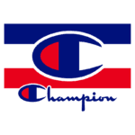 Logotipo da Champion, destacando as cores azul, vermelho e o nome "Champion" em estilo cursivo. Ideal para representação de moda esportiva e estilo casual.