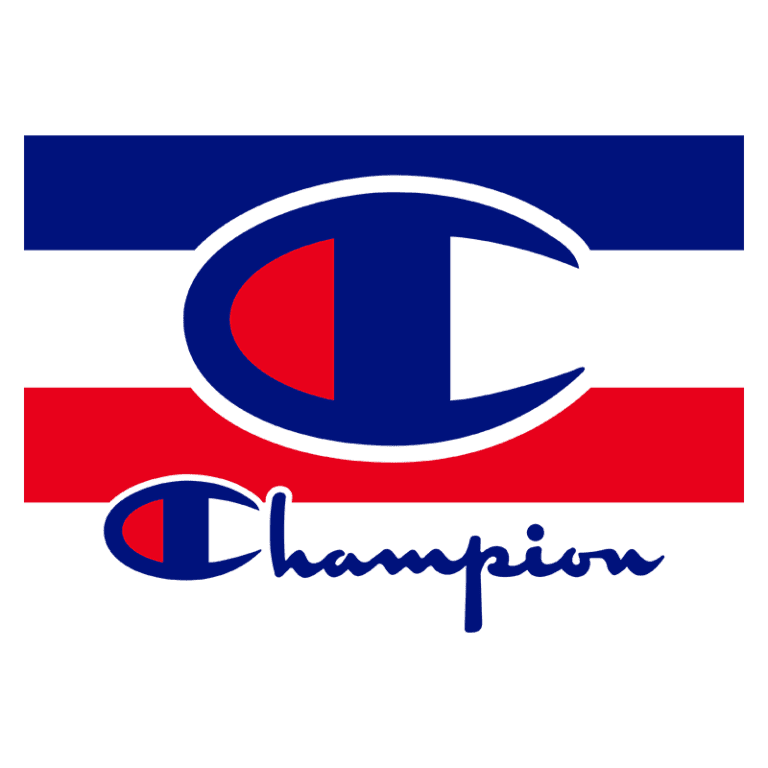 Logotipo da Champion, destacando as cores azul, vermelho e o nome "Champion" em estilo cursivo. Ideal para representação de moda esportiva e estilo casual.