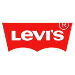Logotipo da marca Levi's, conhecido por sua linha de jeans e moda casual, apresenta um design icônico em fundo vermelho com o nome "Levi's" em letras cinzas.