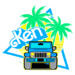 Ilustração colorida com um carro off-road azul, palmeiras verdes e o nome "Ken", remetendo ao estilo de vida tropical e aventura ao ar livre.