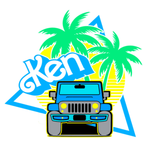 Ilustração colorida com um carro off-road azul, palmeiras verdes e o nome "Ken", remetendo ao estilo de vida tropical e aventura ao ar livre.