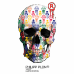 Imagem de um crânio estilizado com uma estampa colorida e logotipo da marca Philipp Plein, coleção SS2019, edição limitada. A arte apresenta padrões de caveiras e tintas dripping em diversas cores, destacando a estética ousada da marca.