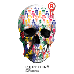 Imagem de um crânio estilizado com uma estampa colorida e logotipo da marca Philipp Plein, coleção SS2019, edição limitada. A arte apresenta padrões de caveiras e tintas dripping em diversas cores, destacando a estética ousada da marca.